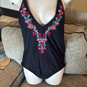 Embroidered Black One-Piece Swimsuit